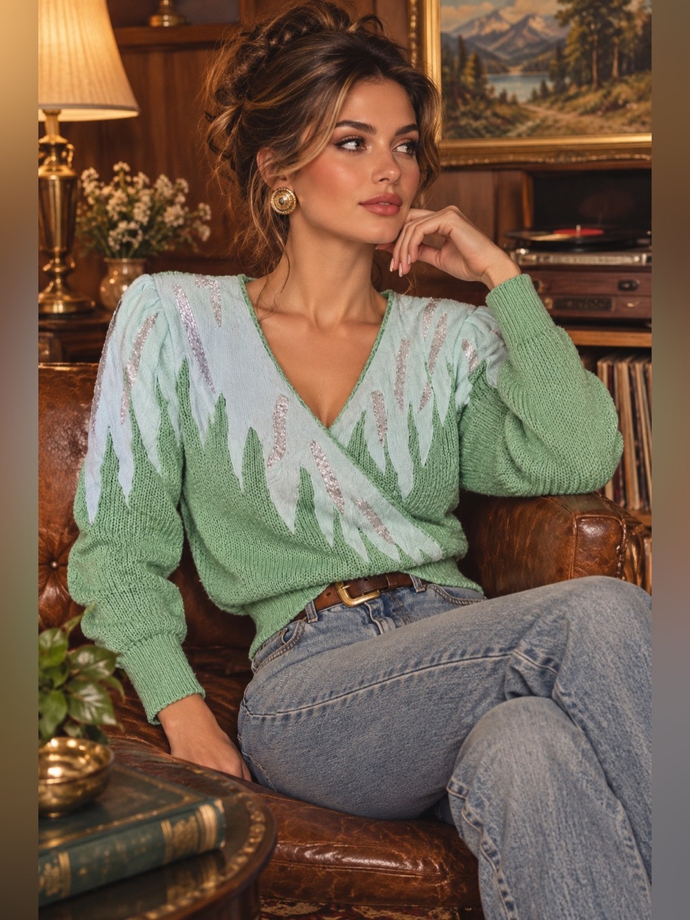 Vintage Knit and Faux Leather Green Retro Mod Sweater